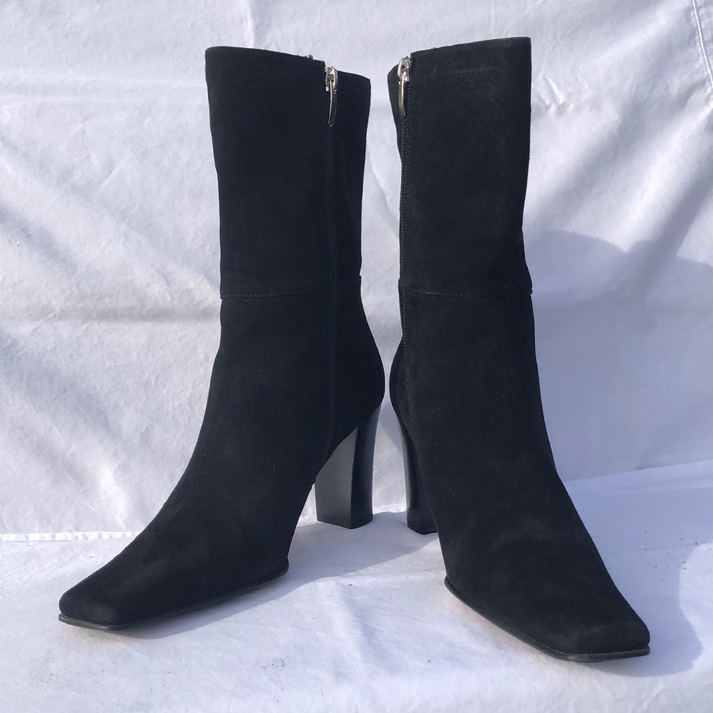Anne Klein Black Suede Mid Calf High Heel Boots w/Square Toe
